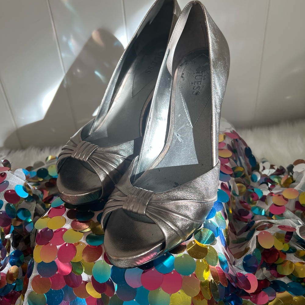 Guess Silver Metallic Peep-Toe Heels with Knot Detail